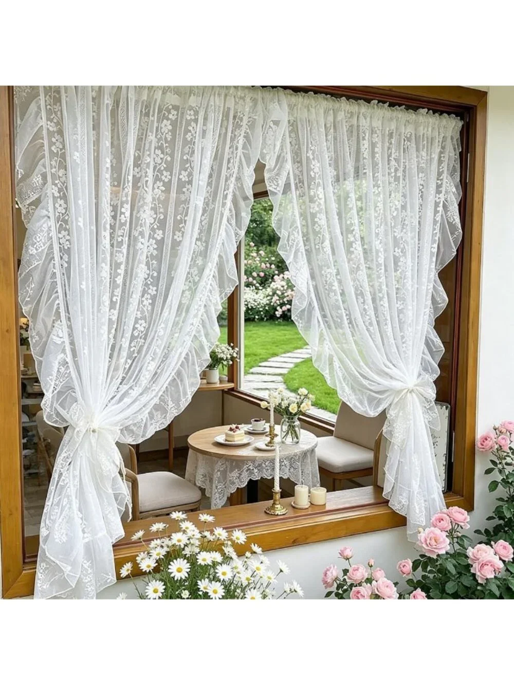 White Lace Curtain with Ruffles - Floral Knitted Design for Girls' Bedroom Decor